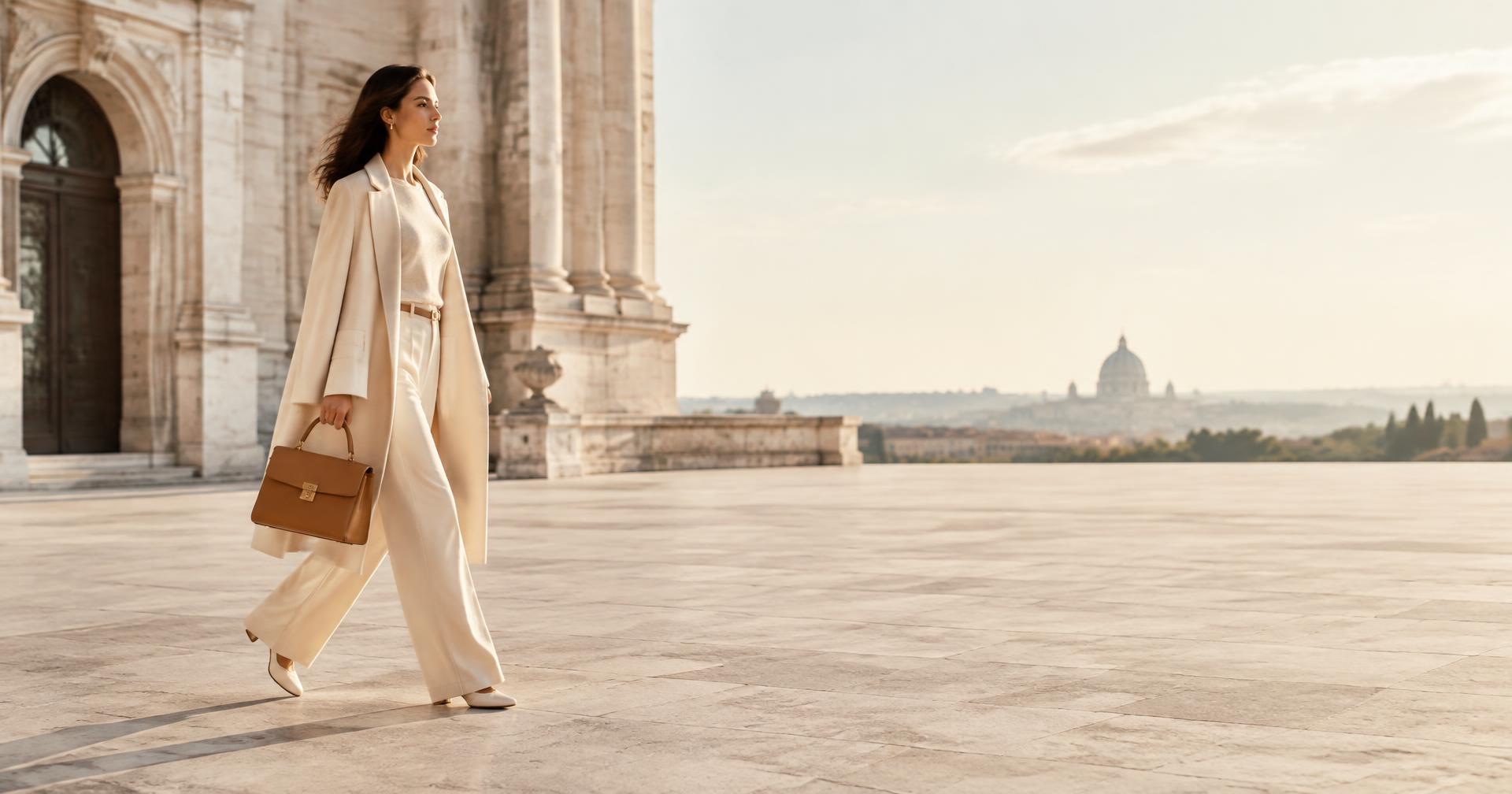 Woman walking across a sunlit plaza with a Thread & Bloom handbag